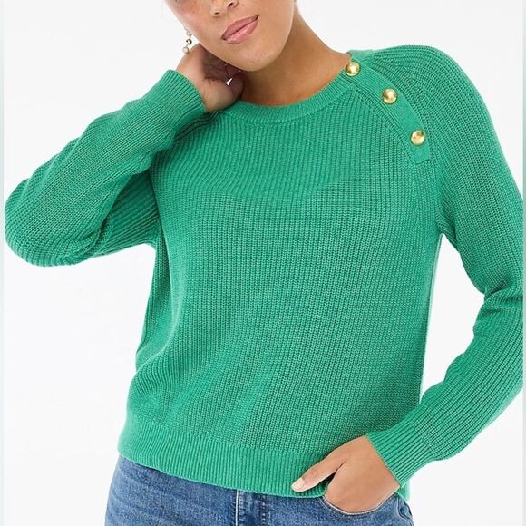 J. Crew Women’s Button Raglan Cotton Blend Crewneck Sweater Kelly Green Size XL - Picture 1 of 12